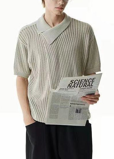 Chic Khaki Asymmetrical Hollow Out Knit Graphic Tees Men Summer