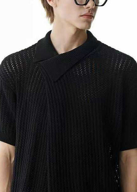 Chic Khaki Asymmetrical Hollow Out Knit Graphic Tees Men Summer