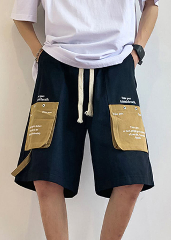Chic Khaki Letter Elastic Waist Patchwork Cotton Mens Shorts Summer