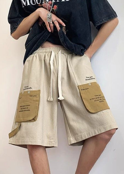 Chic Khaki Letter Elastic Waist Patchwork Cotton Mens Shorts Summer