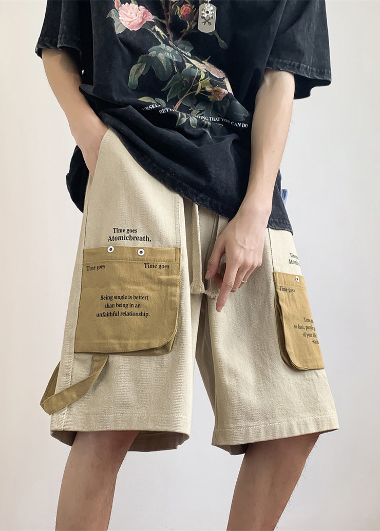 Chic Khaki Letter Elastic Waist Patchwork Cotton Mens Shorts Summer