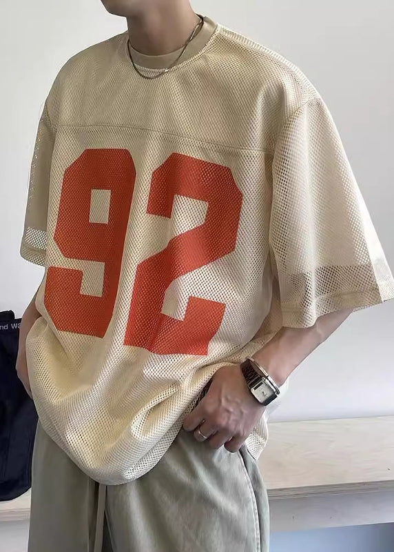 Chic Khaki Oversized Hollow Out Tulle Mens Graphic Tees Summer