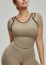Chic Khaki Patchwork Hollow Out Yoga Tank Tops Summer