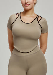 Chic Khaki Patchwork Hollow Out Yoga Tank Tops Summer