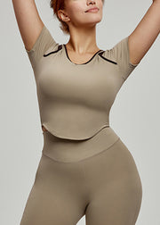 Chic Khaki Patchwork Hollow Out Yoga Tank Tops Summer