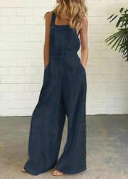 Chic Khaki Pockets Button Patchwork Cotton Jumpsuit Summer