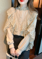 Chic Khaki Stand Collar Patchwork Lace Shirts Fall