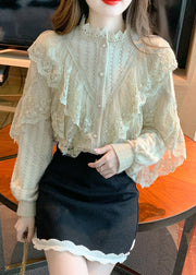 Chic Khaki Stand Collar Patchwork Lace Shirts Fall