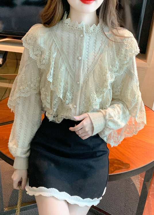 Chic Khaki Stand Collar Patchwork Lace Shirts Fall