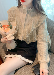 Chic Khaki Stand Collar Patchwork Lace Shirts Fall