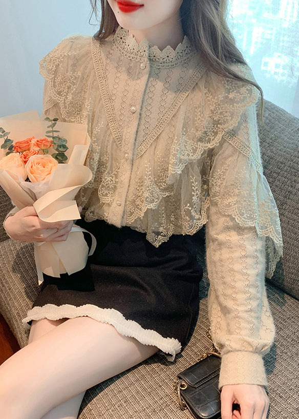 Chic Khaki Stand Collar Patchwork Lace Shirts Fall