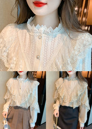 Chic Khaki Stand Collar Patchwork Lace Shirts Fall