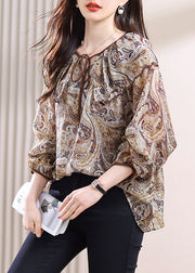 Chic Lace Up Print Patchwork Chiffon Top Fall