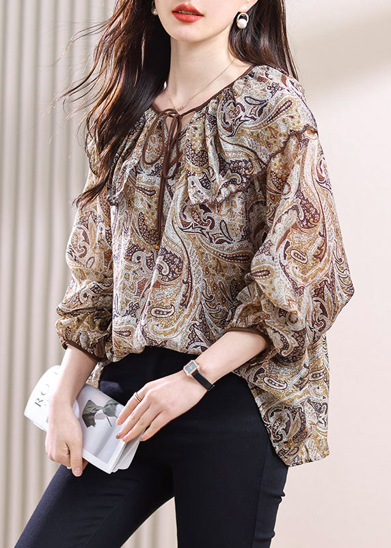 Chic Lace Up Print Patchwork Chiffon Top Fall