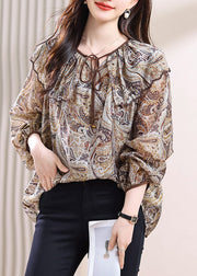 Chic Lace Up Print Patchwork Chiffon Top Fall