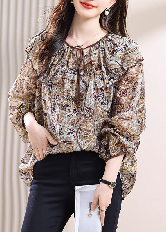Chic Lace Up Print Patchwork Chiffon Top Fall
