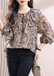 Chic Lace Up Print Patchwork Chiffon Top Fall