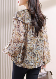 Chic Lace Up Print Patchwork Chiffon Top Fall