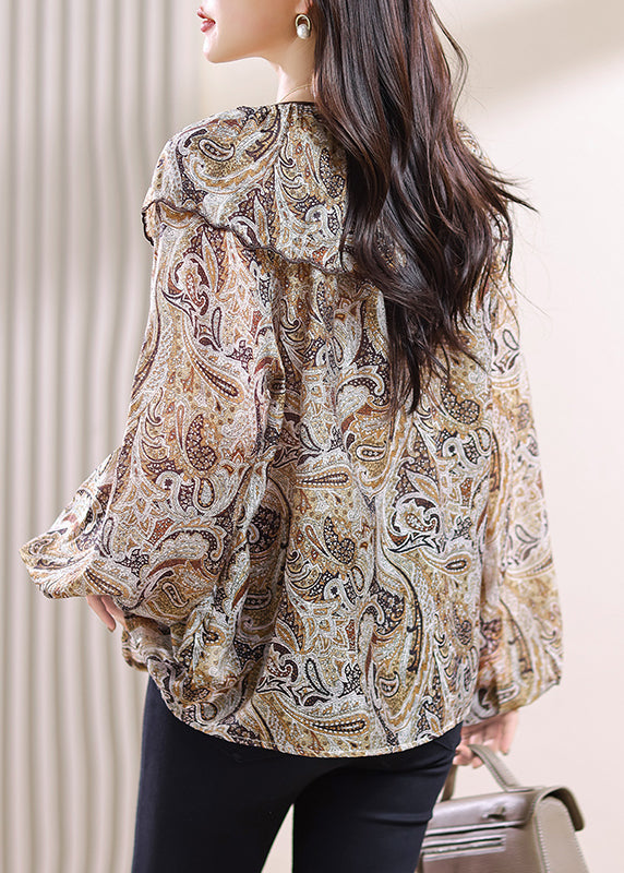 Chic Lace Up Print Patchwork Chiffon Top Fall