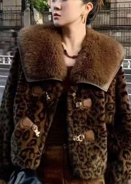 Chic Leopard Peter Pan Collar Button Mink Hair Coats Winter