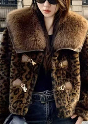 Chic Leopard Peter Pan Collar Button Mink Hair Coats Winter