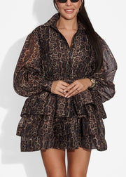 Chic Leopard Peter Pan Collar Tie Waist Chiffon Shirt Dresses Spring