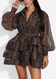 Chic Leopard Peter Pan Collar Tie Waist Chiffon Shirt Dresses Spring