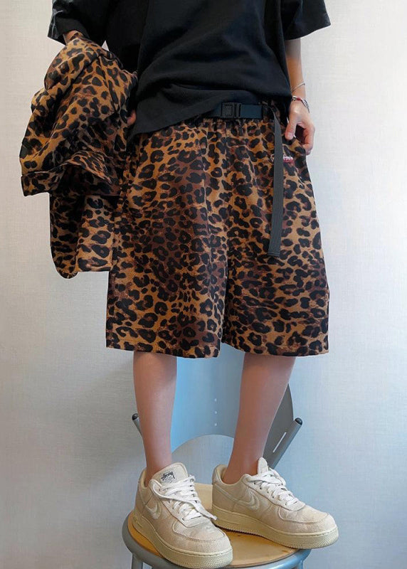 Chic Leopard Pockets Elastic Waist Cotton Mens Shorts Summer