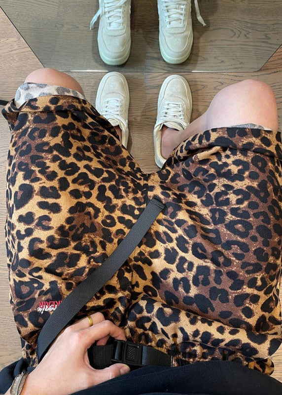 Chic Leopard Pockets Elastic Waist Cotton Mens Shorts Summer