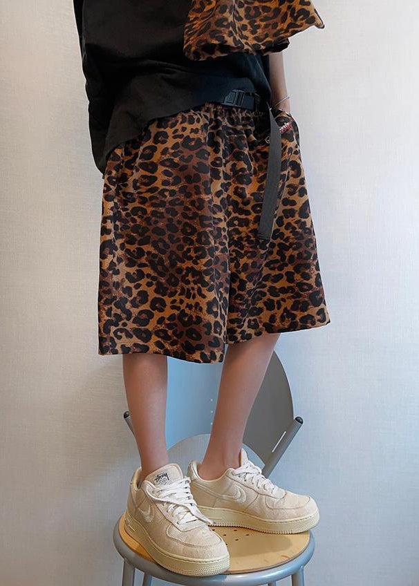 Chic Leopard Pockets Elastic Waist Cotton Mens Shorts Summer
