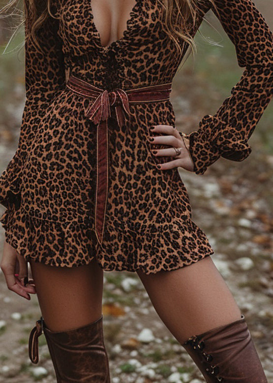Chic Leopard Ruffled Cotton Mini Dresses Long Sleeve