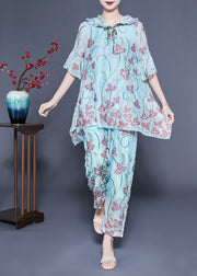 Chic Light Blue Hooded Ruffled Print Silk Two Pieces Set Flare Sleeve