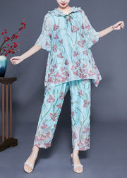 Chic Light Blue Hooded Ruffled Print Silk Two Pieces Set Flare Sleeve