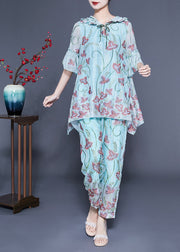 Chic Light Blue Hooded Ruffled Print Silk Two Pieces Set Flare Sleeve