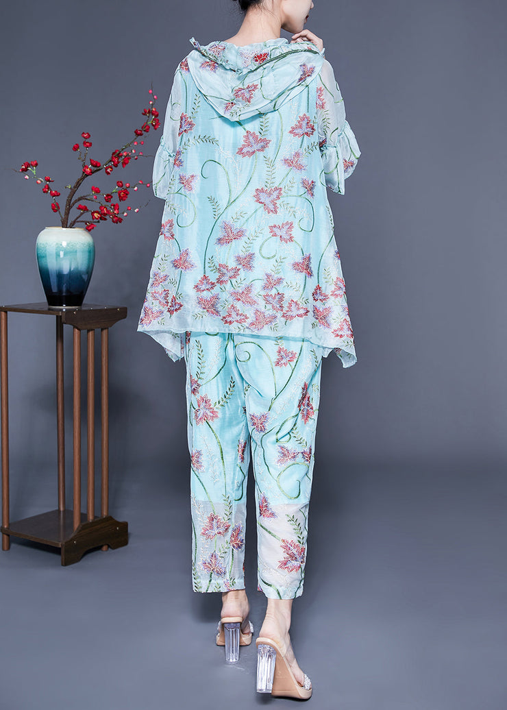 Chic Light Blue Hooded Ruffled Print Silk Two Pieces Set Flare Sleeve
