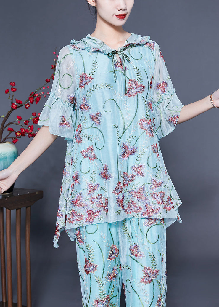 Chic Light Blue Hooded Ruffled Print Silk Two Pieces Set Flare Sleeve