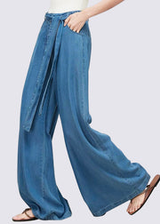 Chic Light Blue Pockets Tie Waist Denim Silk Wide Leg Pants Fall