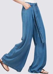 Chic Light Blue Pockets Tie Waist Denim Silk Wide Leg Pants Fall