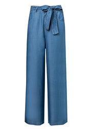 Chic Light Blue Pockets Tie Waist Denim Silk Wide Leg Pants Fall