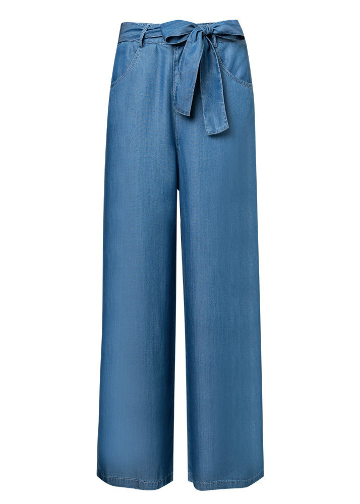 Chic Light Blue Pockets Tie Waist Denim Silk Wide Leg Pants Fall