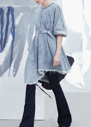 Chic Light Blue Tassel Asymmetrical Patchwork Denim Dress Summer