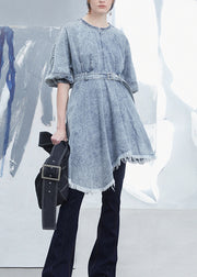 Chic Light Blue Tassel Asymmetrical Patchwork Denim Dress Summer