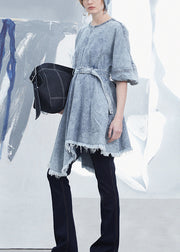 Chic Light Blue Tassel Asymmetrical Patchwork Denim Dress Summer