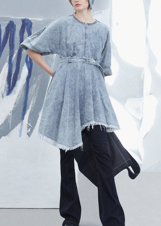 Chic Light Blue Tassel Asymmetrical Patchwork Denim Dress Summer