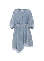 Chic Light Blue Tassel Asymmetrical Patchwork Denim Dress Summer
