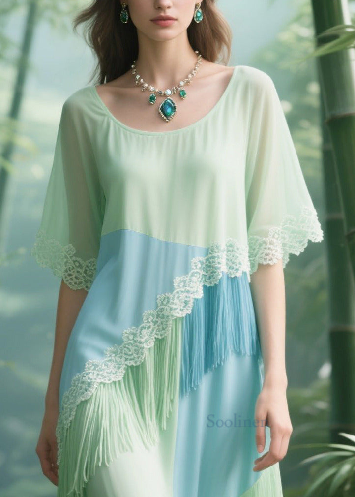 Chic Light Green Tasseled Patchwork Lace Tulle Long Dresses Summer