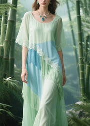 Chic Light Green Tasseled Patchwork Lace Tulle Long Dresses Summer