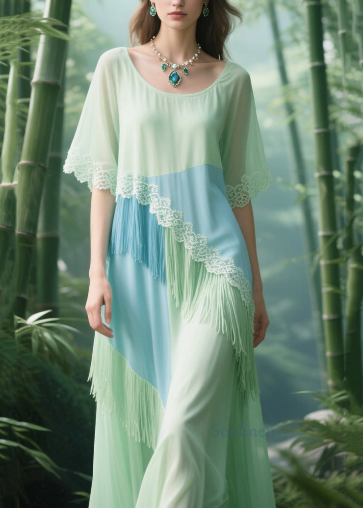 Chic Light Green Tasseled Patchwork Lace Tulle Long Dresses Summer