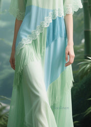 Chic Light Green Tasseled Patchwork Lace Tulle Long Dresses Summer