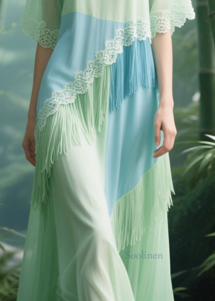 Chic Light Green Tasseled Patchwork Lace Tulle Long Dresses Summer